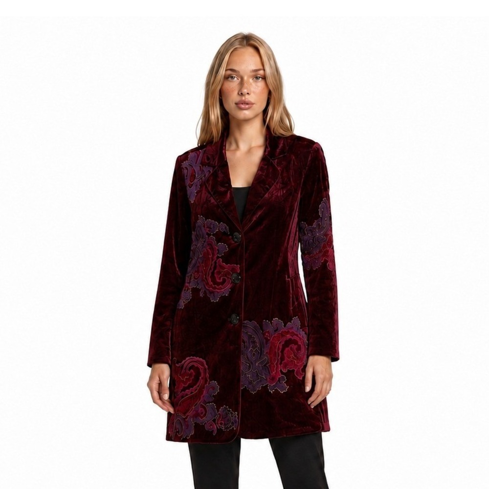 Coldwater Creek Velvet Paisley Blazer Womens Size 14 Burgundy Embroidered Jacket